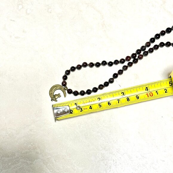 Deep Wine Red Garnet Short Necklace, Genuine Gemstone & Bronze Cat on the Moon - Picture 13 of 15